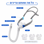 ⁦מסכת כריות אף CPAP אוניברסלית לדום נשימה בשינה – כולל רצועת ראש ו-3 זוגות סיפאפ סיליקון (S/M/L)⁩ – תמונה ⁦5⁩